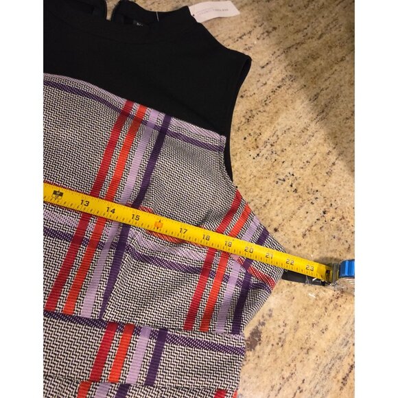 New! Mock Neck Purple Red Gray Plaid NY&Co. Dress Sz XL Pockets Academia Midi - Picture 3 of 16